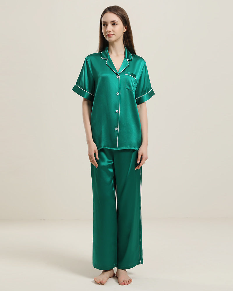 Short Sleeve Silk Pajamas Set, Dark Green
