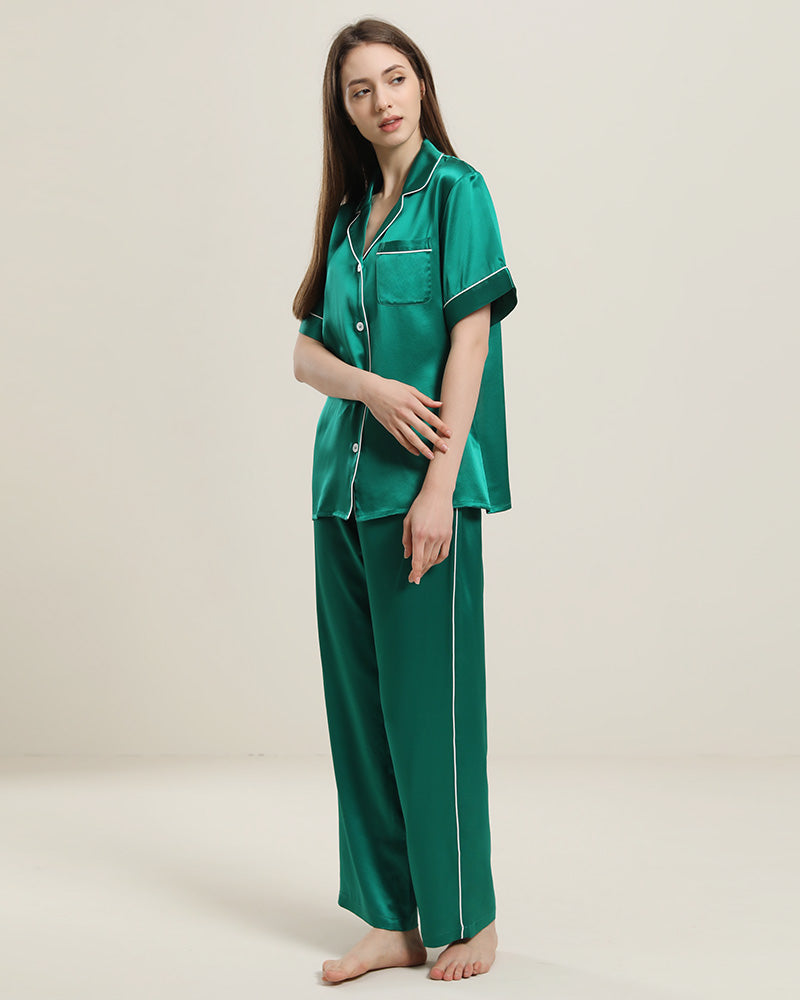 Short Sleeve Silk Pajamas Set, Dark Green