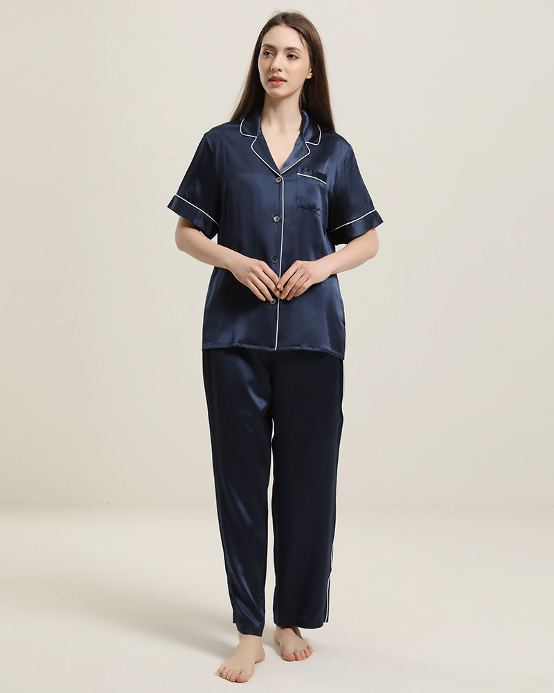 Short Sleeve Silk Pajamas Set, Navy
