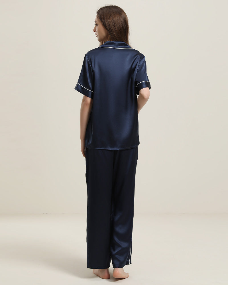 Short Sleeve Silk Pajamas Set, Navy