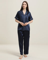Short Sleeve Silk Pajamas Set, Navy