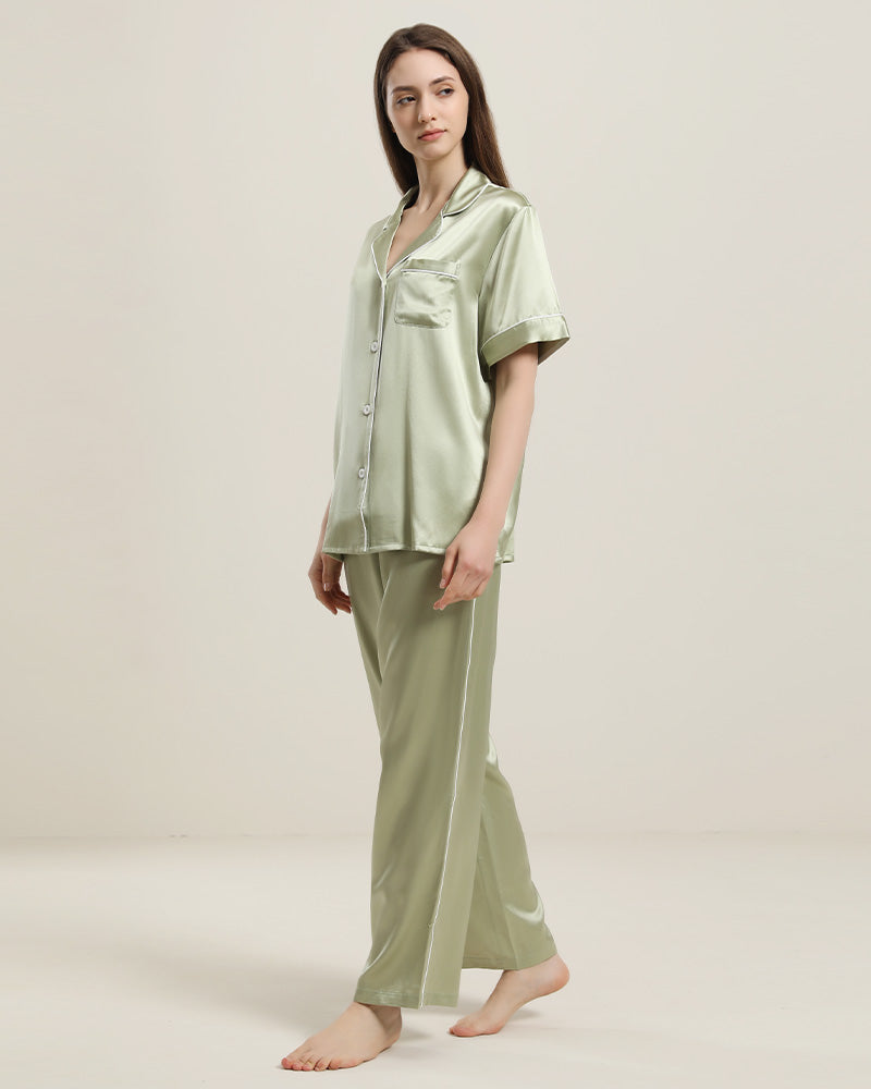 Short Sleeve Silk Pajamas Set, Light Green