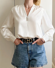 Silk Blouse V-neck Shirt Top for Women Ivory