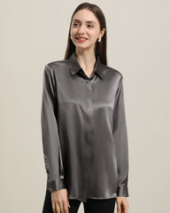 Women's Basic Concealed Silk Shirt Dark Grey