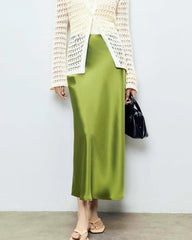 22 Momme Silk Maxi Skirt, Mustard Green