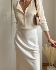 Versatile Silk Midi Skirts with Elastic Waistband, Ivory