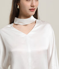 V-Neck Long Sleeve Silk Blouse