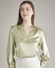Silk Blouse V-neck Shirt Top for Women Avocado Green