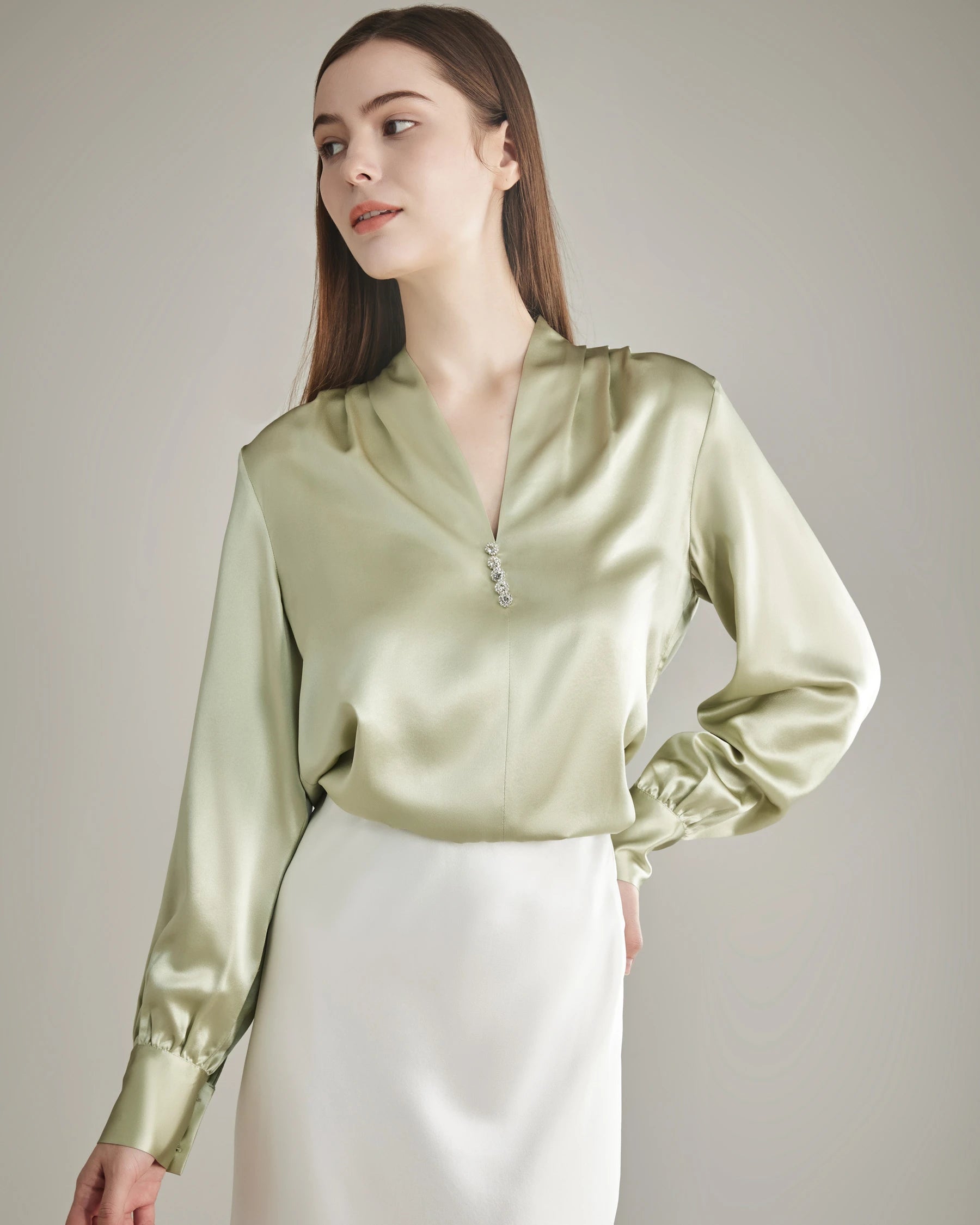Silk Blouse V-neck Shirt Top for Women Avocado Green