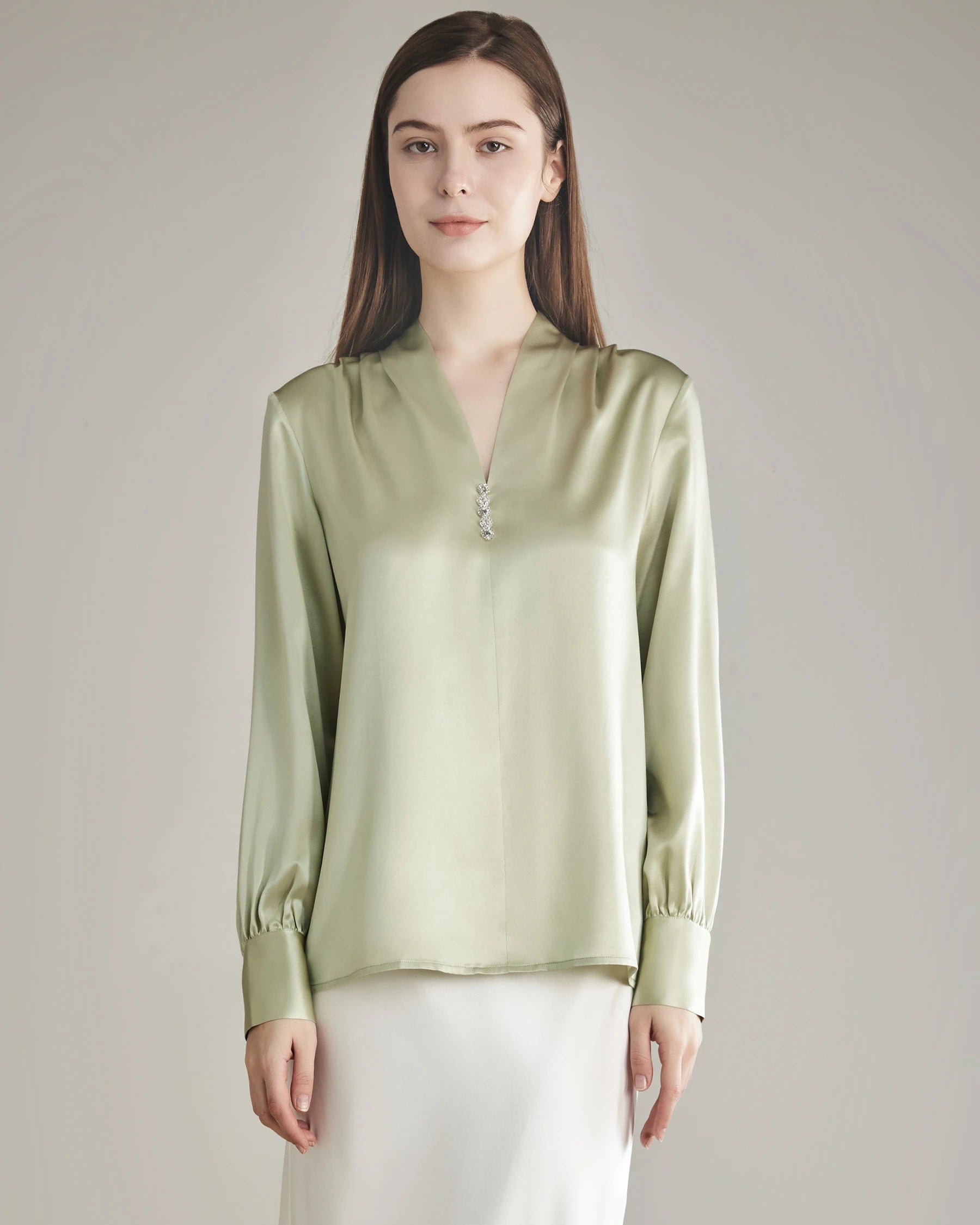 Silk Blouse V-neck Shirt Top for Women Avocado Green