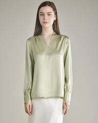 Silk Blouse V-neck Shirt Top for Women Avocado Green
