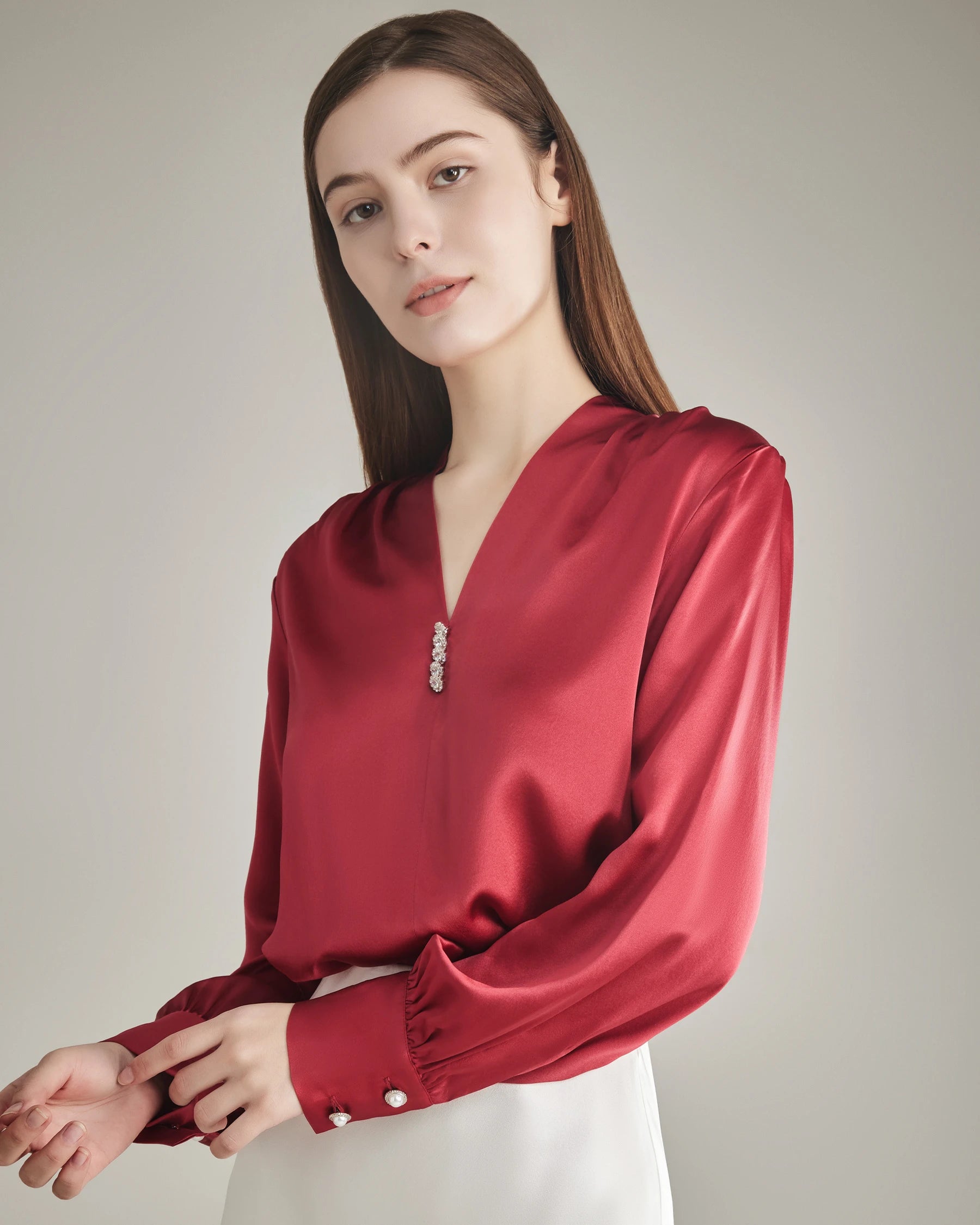 Silk Blouse V-neck Shirt Top for Women Burgundy