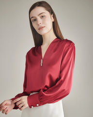 Silk Blouse V-neck Shirt Top for Women Burgundy