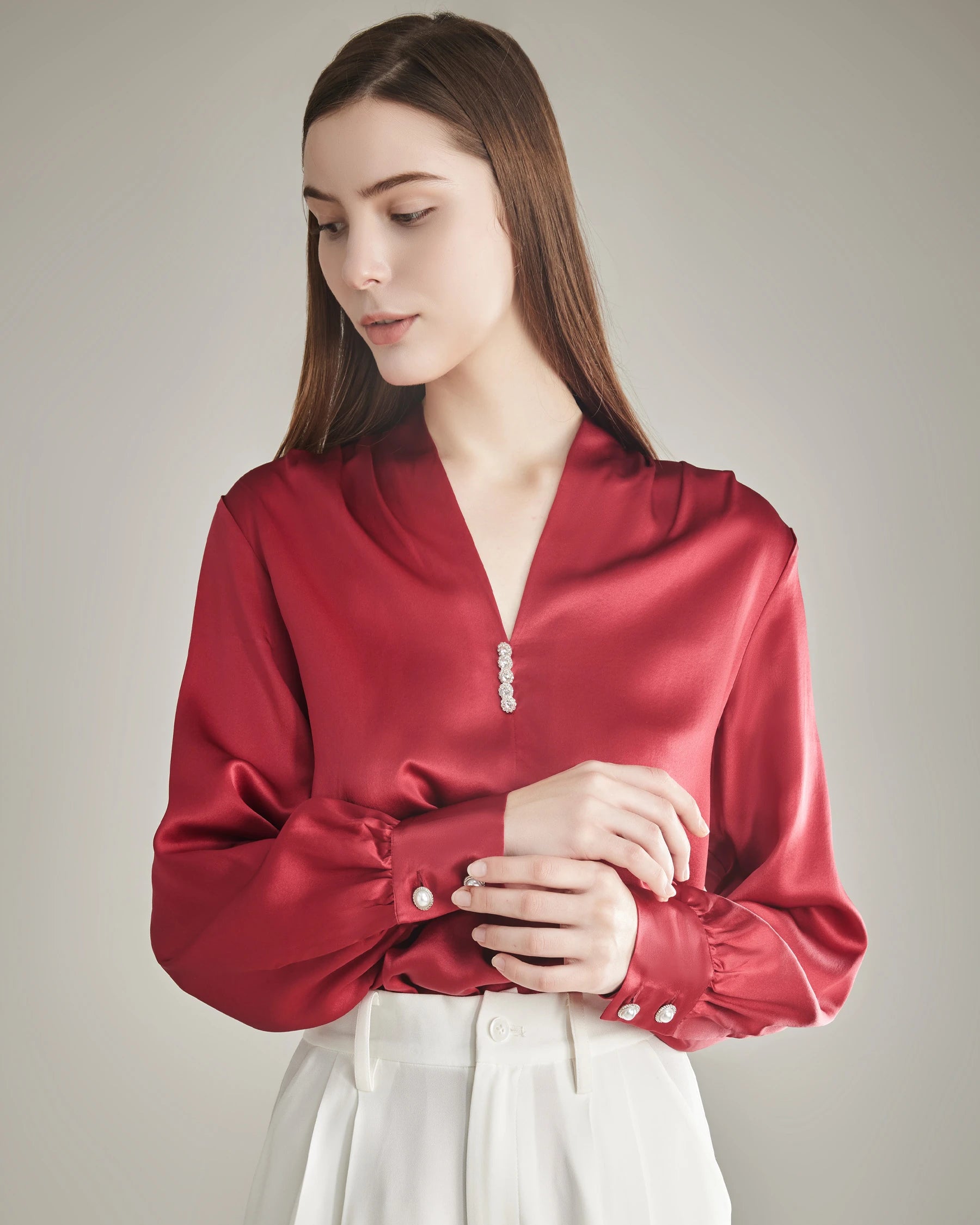 Silk Blouse V-neck Shirt Top for Women Burgundy
