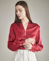Silk Blouse V-neck Shirt Top for Women Burgundy
