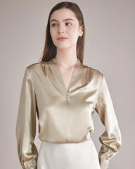 Silk Blouse V-neck Shirt Top for Women Champagne