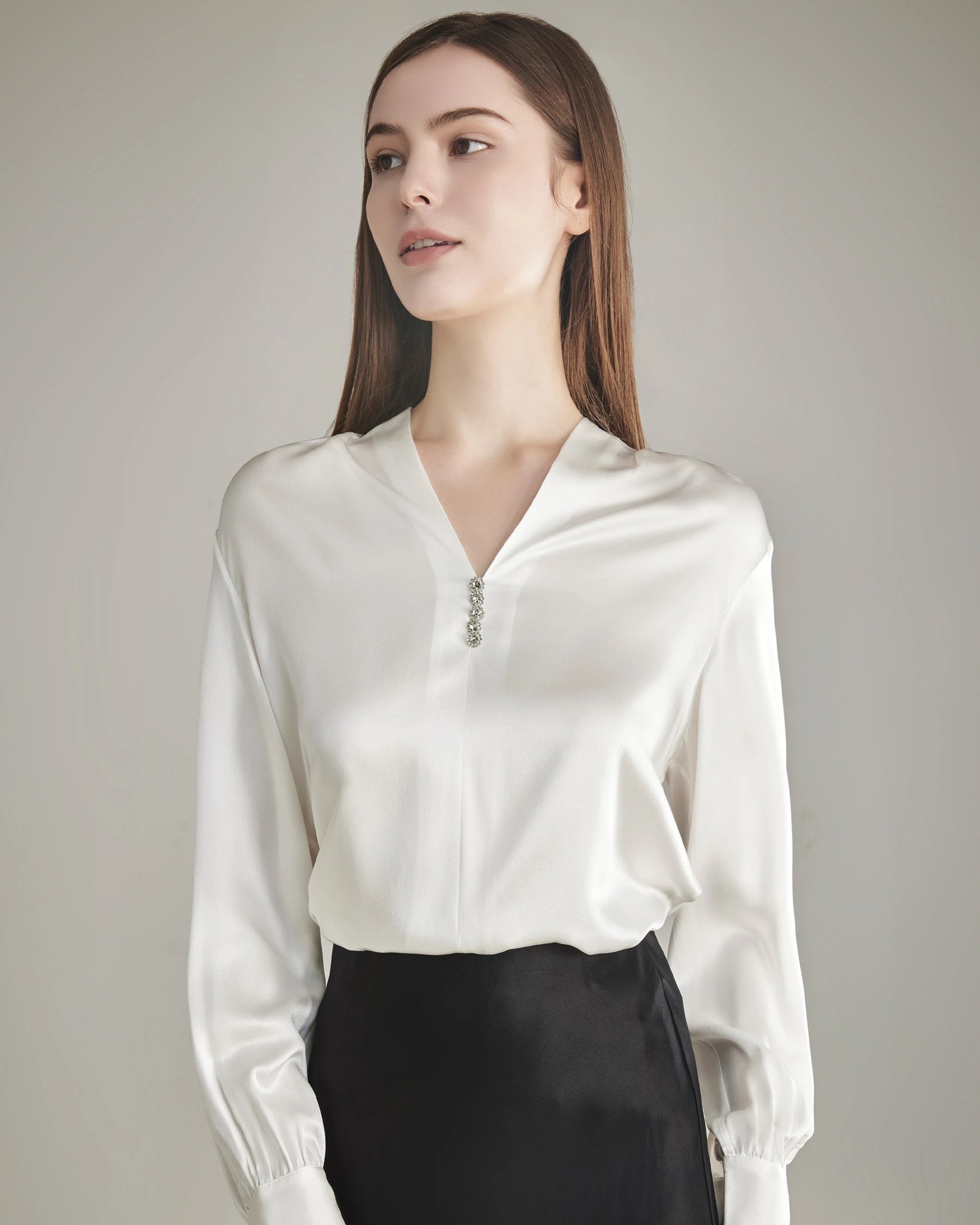 Silk Blouse V-neck Shirt Top for Women Ivory