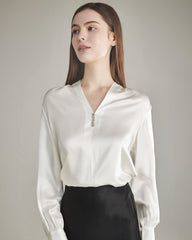 Silk Blouse V-neck Shirt Top for Women Ivory