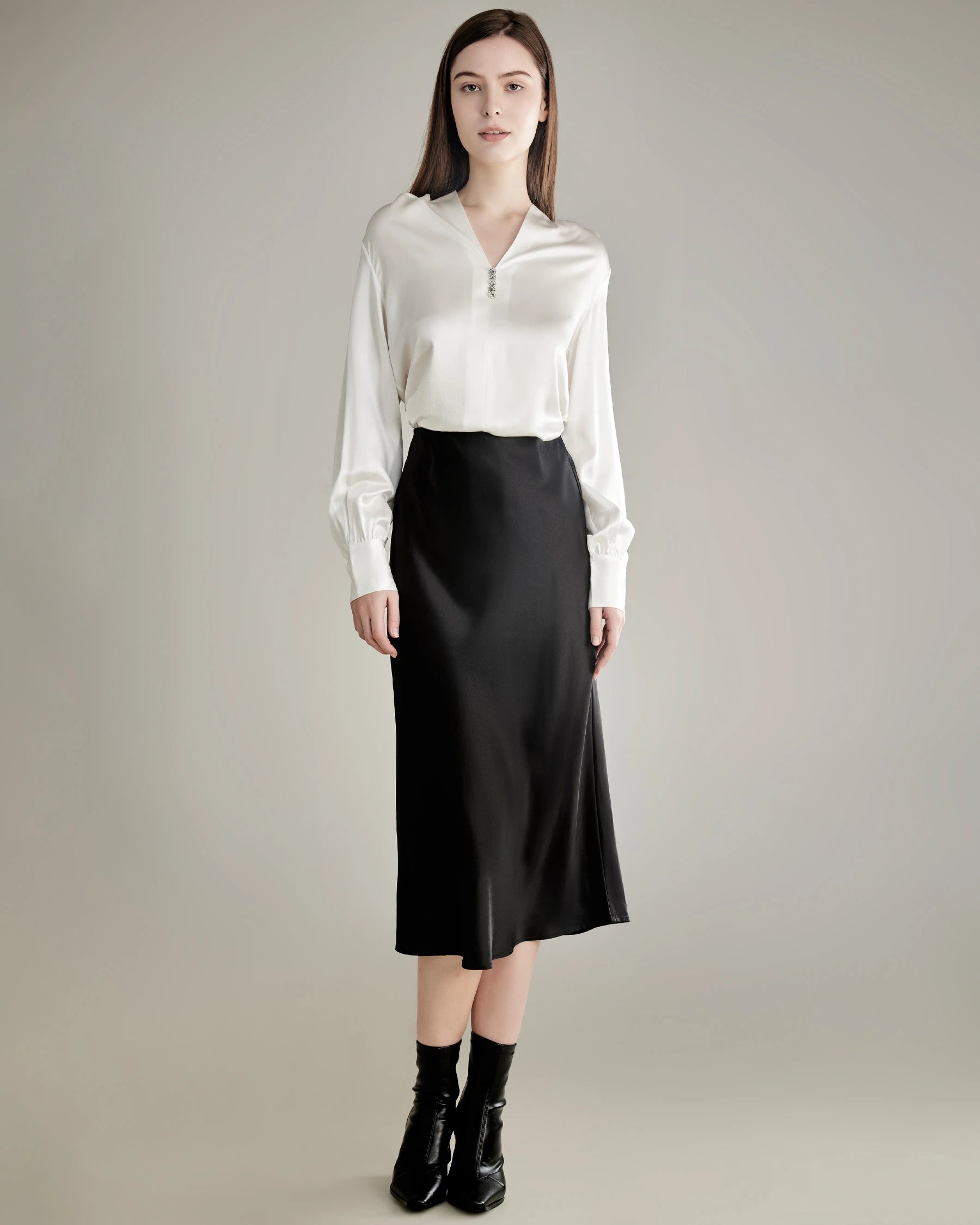 Silk Blouse V-neck Shirt Top for Women Ivory