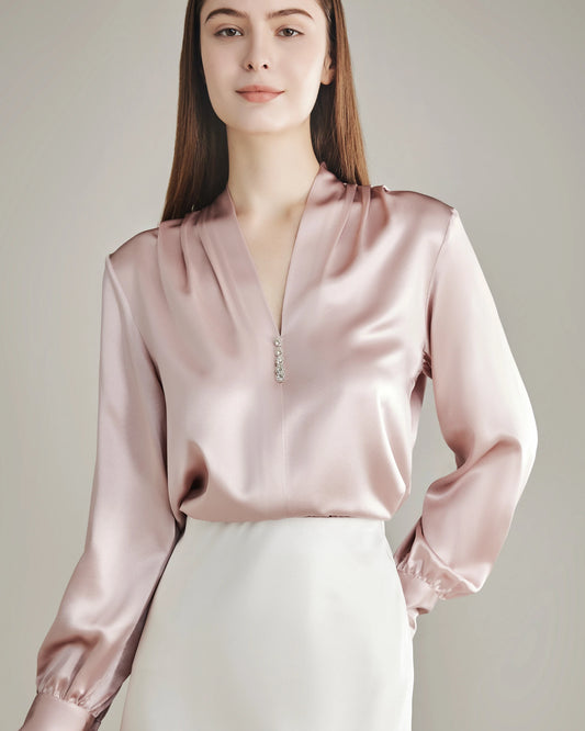 Silk Blouse V-neck Shirt Top for Women Rose Pink