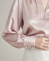 Silk Blouse V-neck Shirt Top for Women Rose Pink