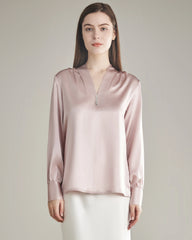 Silk Blouse V-neck Shirt Top for Women Rose Pink