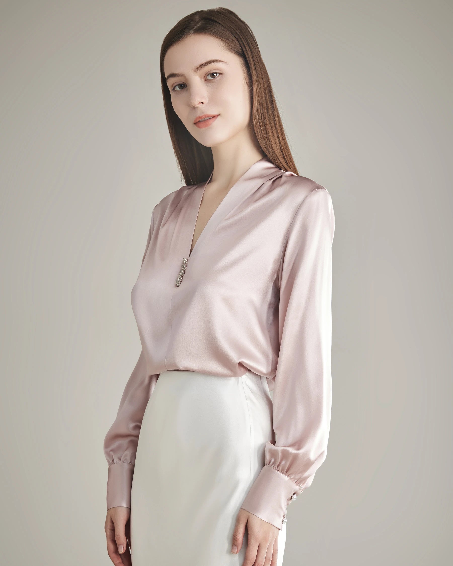 Silk Blouse V-neck Shirt Top for Women Rose Pink