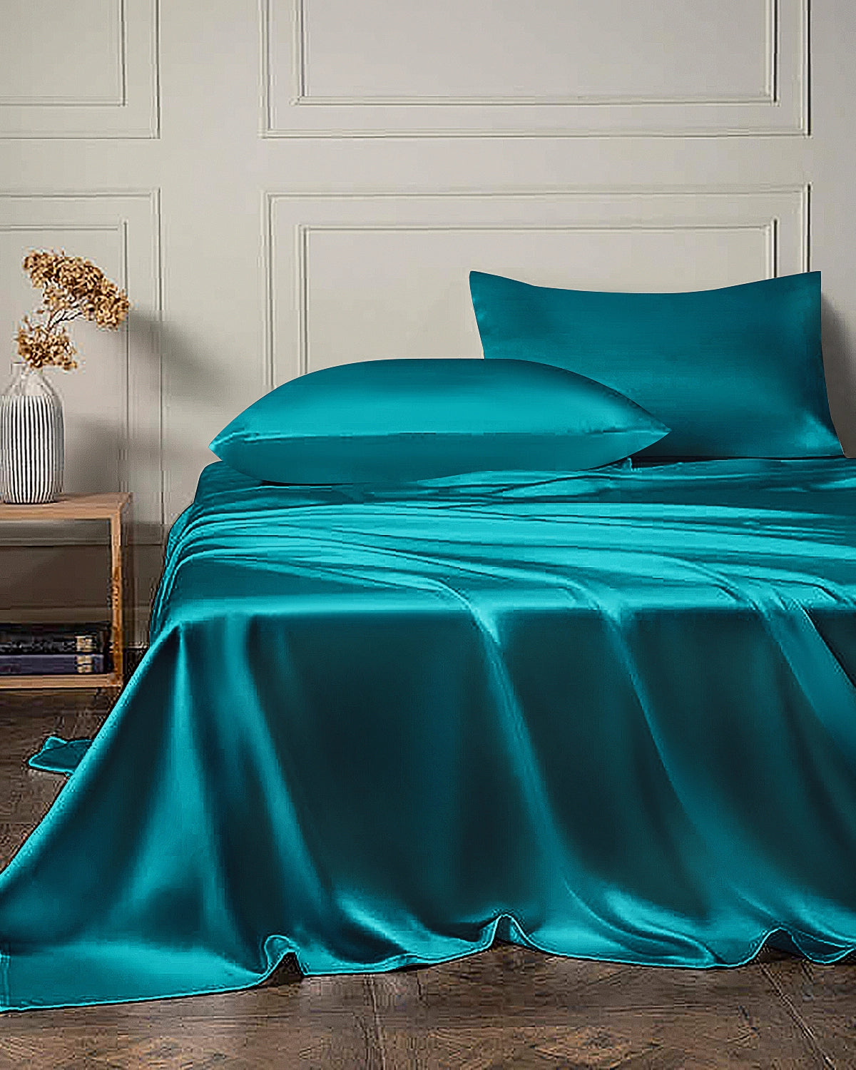 22 Momme 4PCS Silk Flat Sheet and Fitted Sheet Set, Peacock Blue