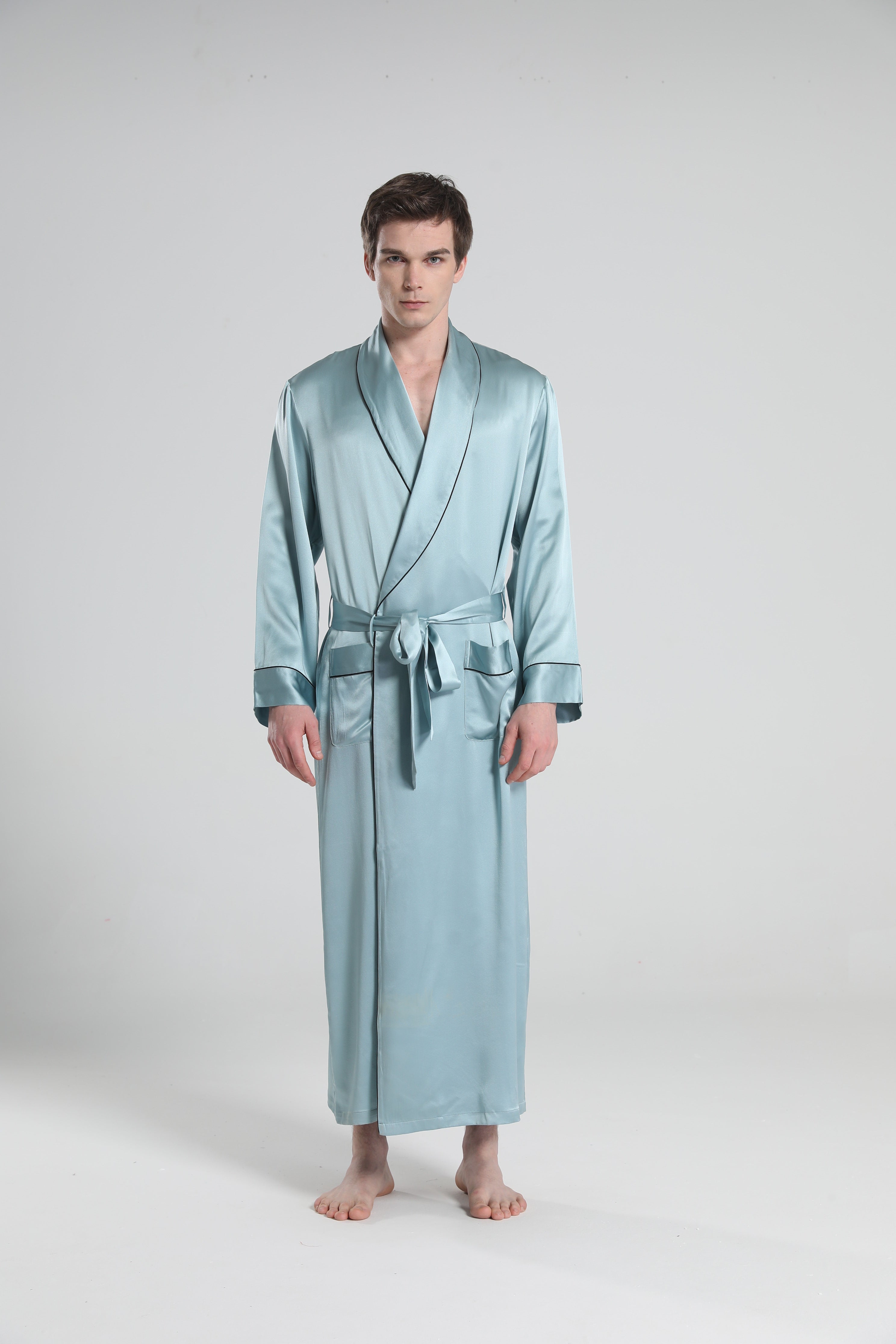 22 Momme Silk Robe Pajamas For Men, Haze Blue