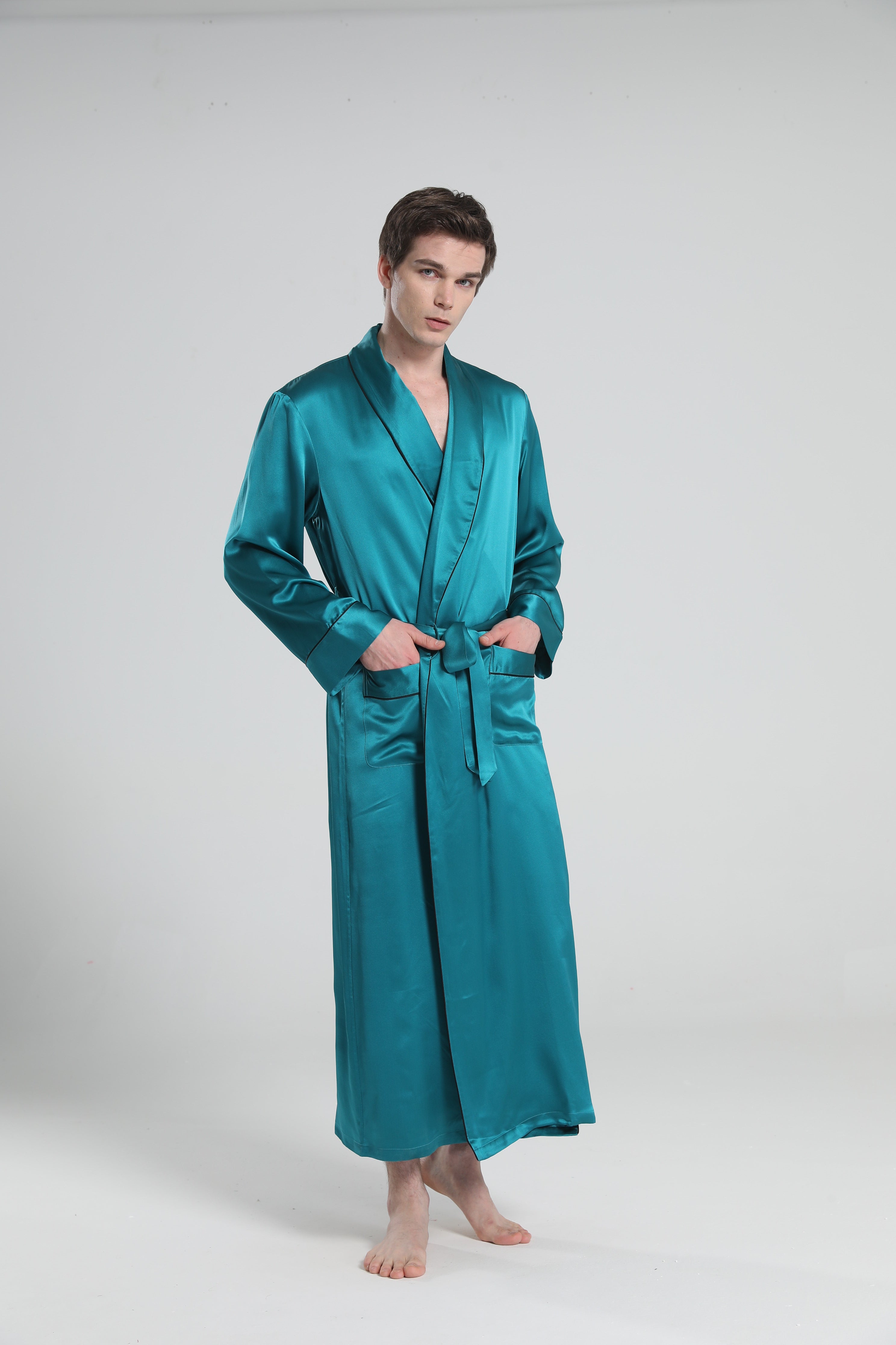 22 Momme Silk Robe Pajamas For Men, Peacock Blue