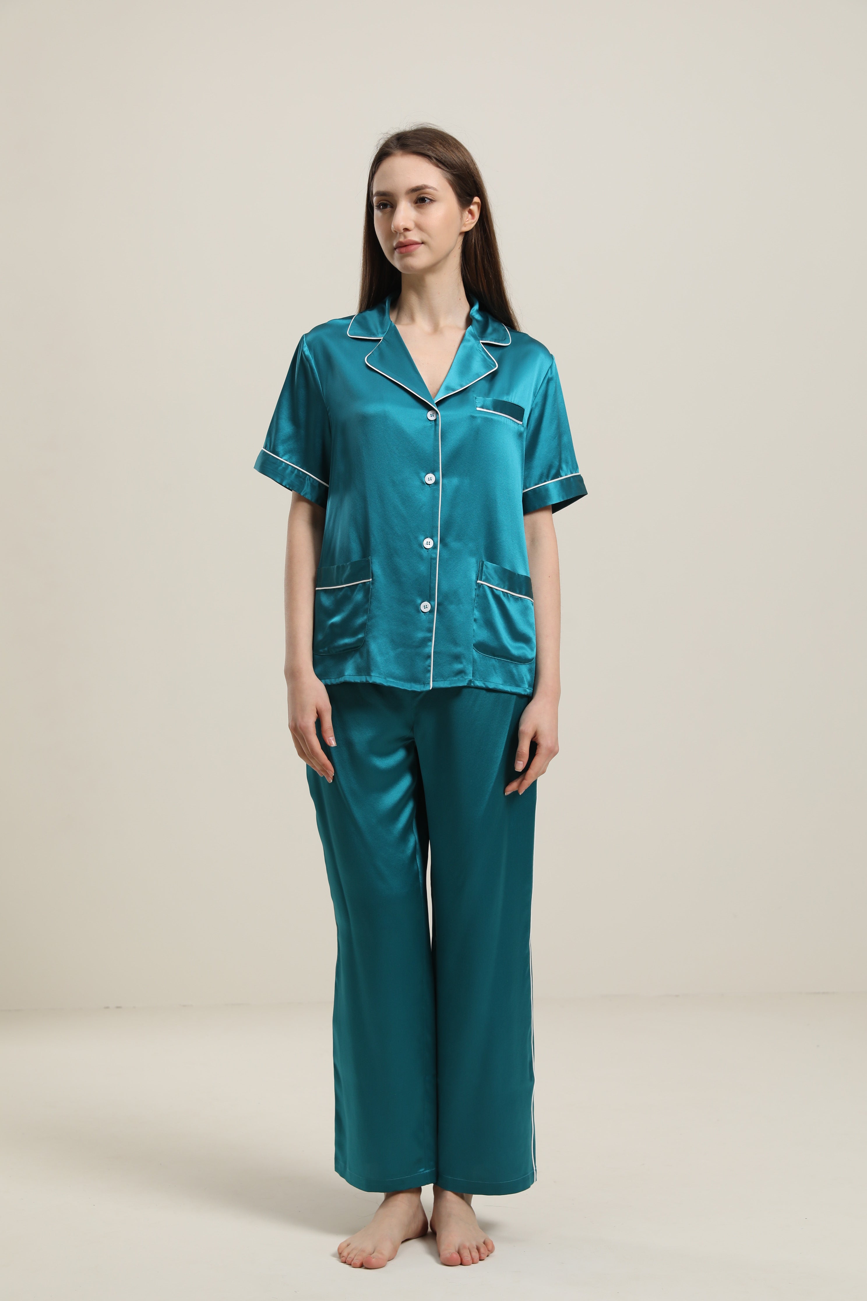 Short Sleeve Silk Pajamas Set, Peacock Blue