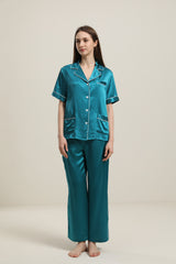 Short Sleeve Silk Pajamas Set, Peacock Blue