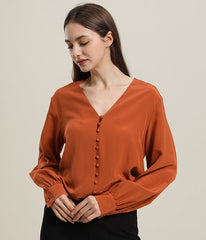 Deep V-Neck Long Sleeve Women Silk Blouse