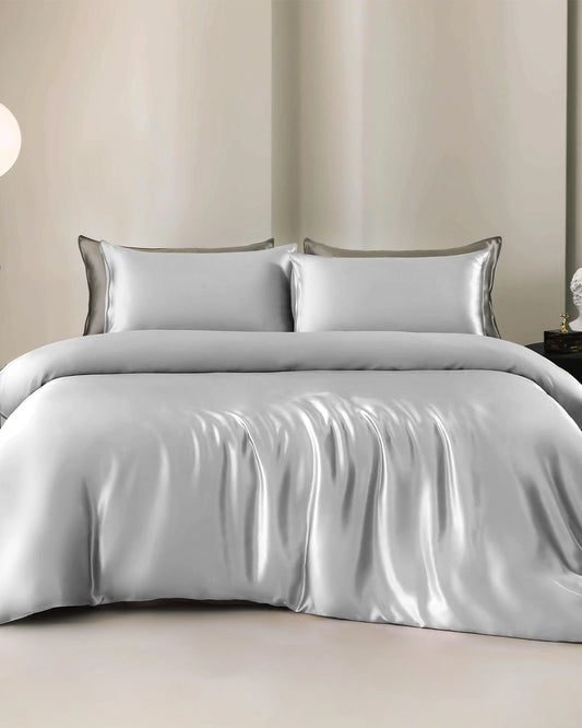 25 Momme 4PCS Silk Duvet Cover and Flat Sheet Set, Silver Grey