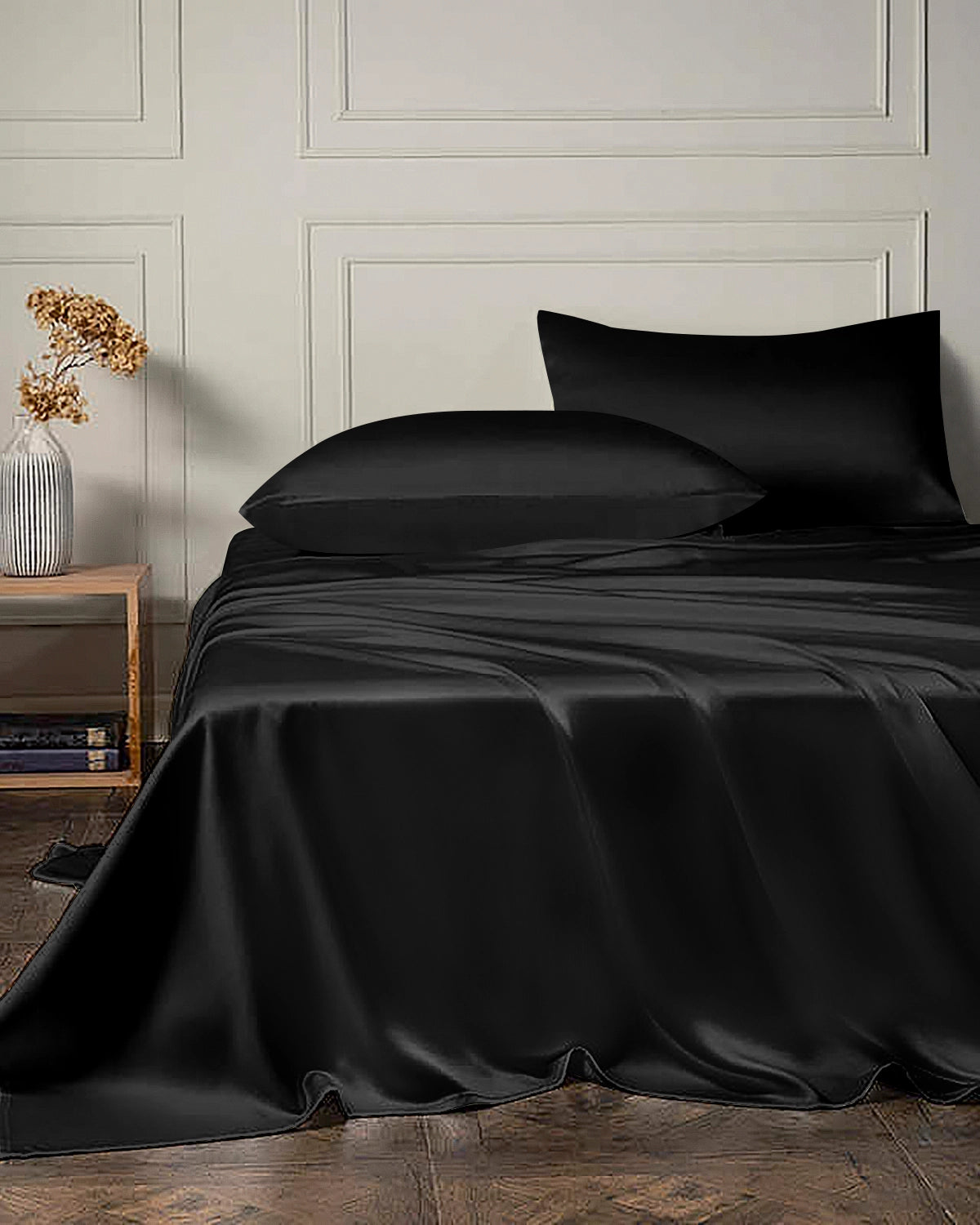 25 Momme 4PCS Silk Flat Sheet and Fitted Sheet Set, Black
