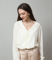 Deep V-Neck Long Sleeve Women Silk Blouse