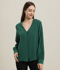 Deep V-Neck Long Sleeve Women Silk Blouse