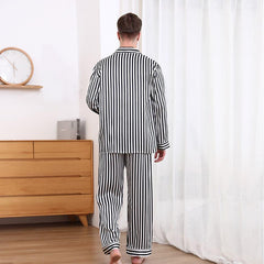 Men Silk Pajamas Set White Stripe Style