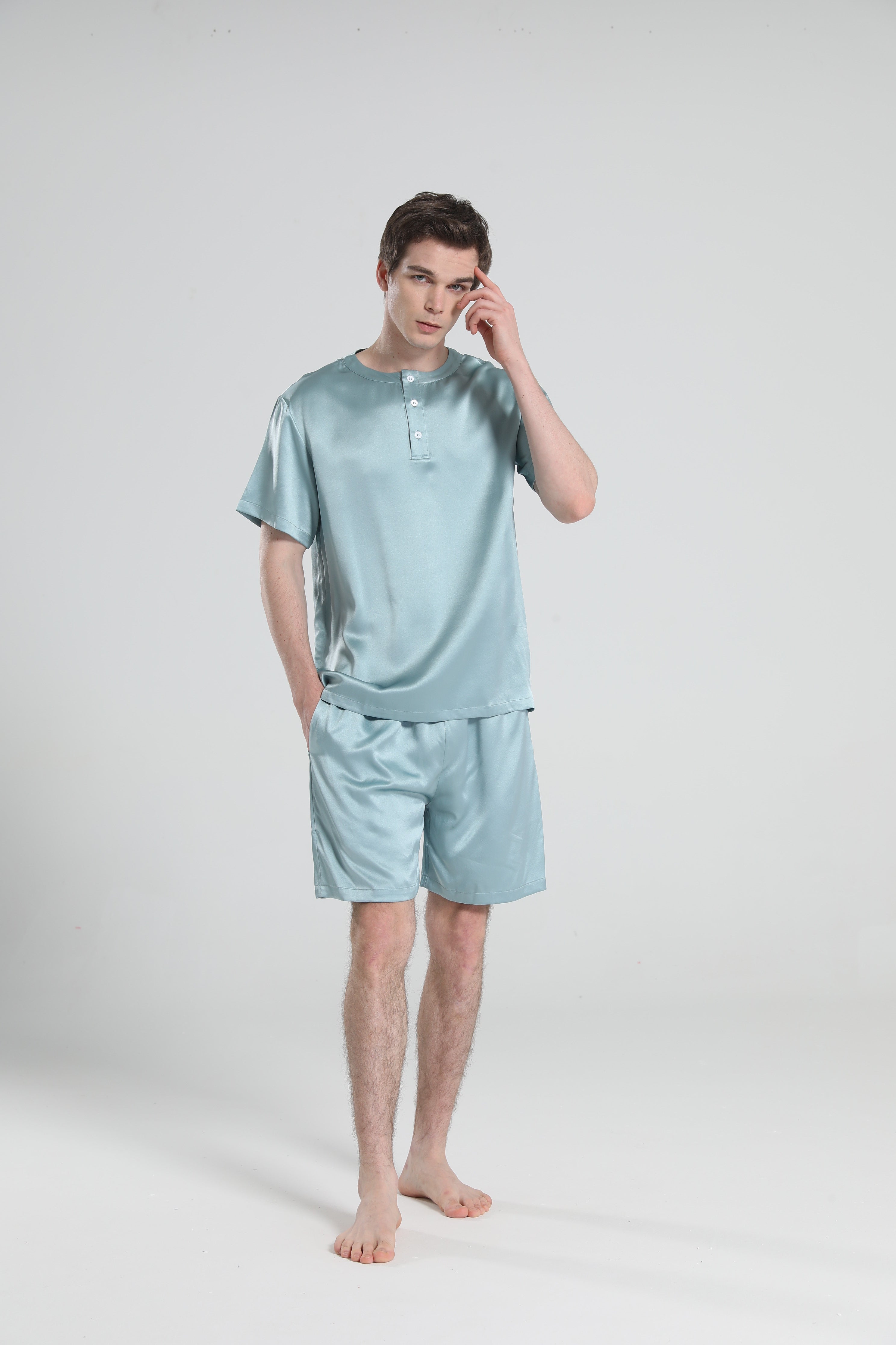 Simple Crew Neck Short Pajamas Set for men, Haze Blue