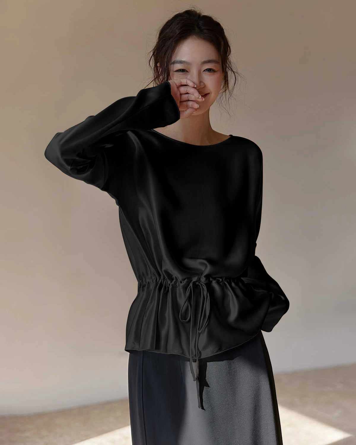 Elegant Drawstring Waist Silk Blouse, Black