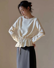 Elegant Drawstring Waist Silk Blouse, Cream