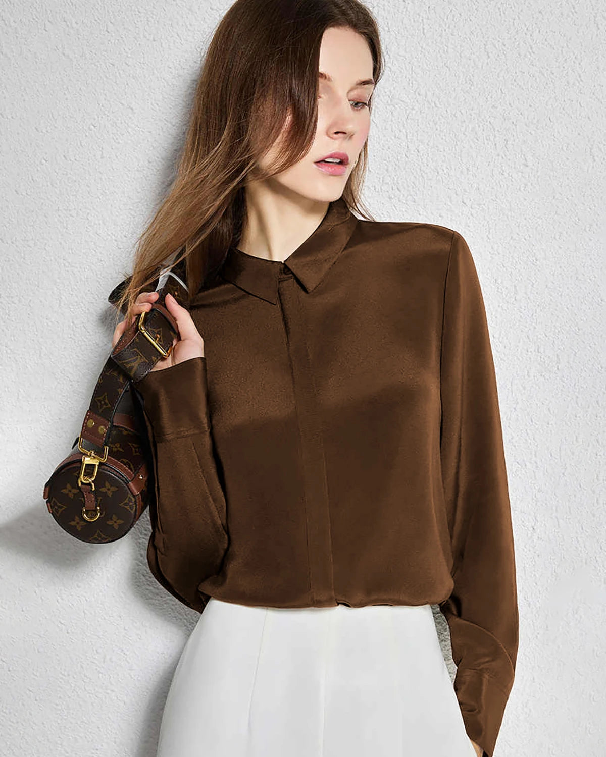 30 Momme Concealed Silk Shirt, Brown