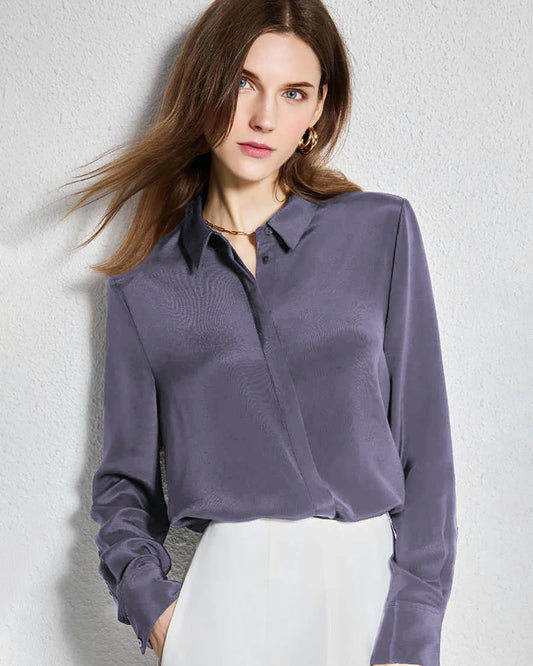30 Momme Concealed Silk Shirt, Dusty Blue