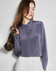 30 Momme Concealed Silk Shirt, Dusty Blue