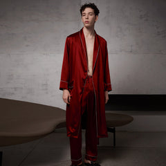Pure Silk Contrast Piping Belted Robe And Pants Set