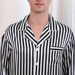 Men Silk Pajamas Set White Stripe Style
