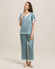 V Neck Pullover Silk Pajama Set