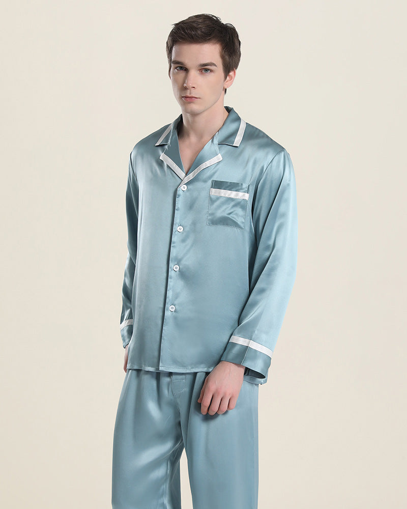 Men Silk Pajamas Sleepwear Set, Haze Blue