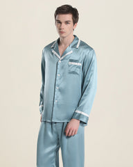 Men Silk Pajamas Sleepwear Set, Haze Blue