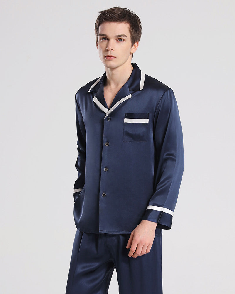 Silk Pajamas Sleepwear Set for Men, Navy
